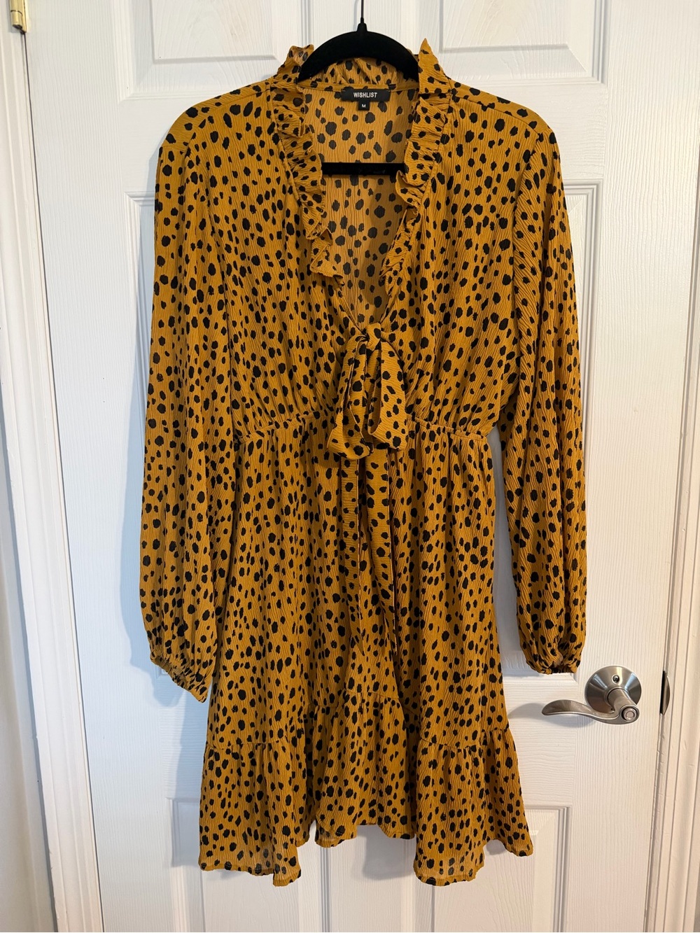 Wishlist Mustard Yellow Dress with Black Spot Print and Ruffle Tie